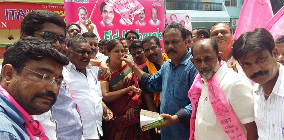 Supporters of D Srinivas celebrate the announcement of their leader&rsquo;s elevation as the Special Advisor to the  TS government  in Nizamabad on Friday. 